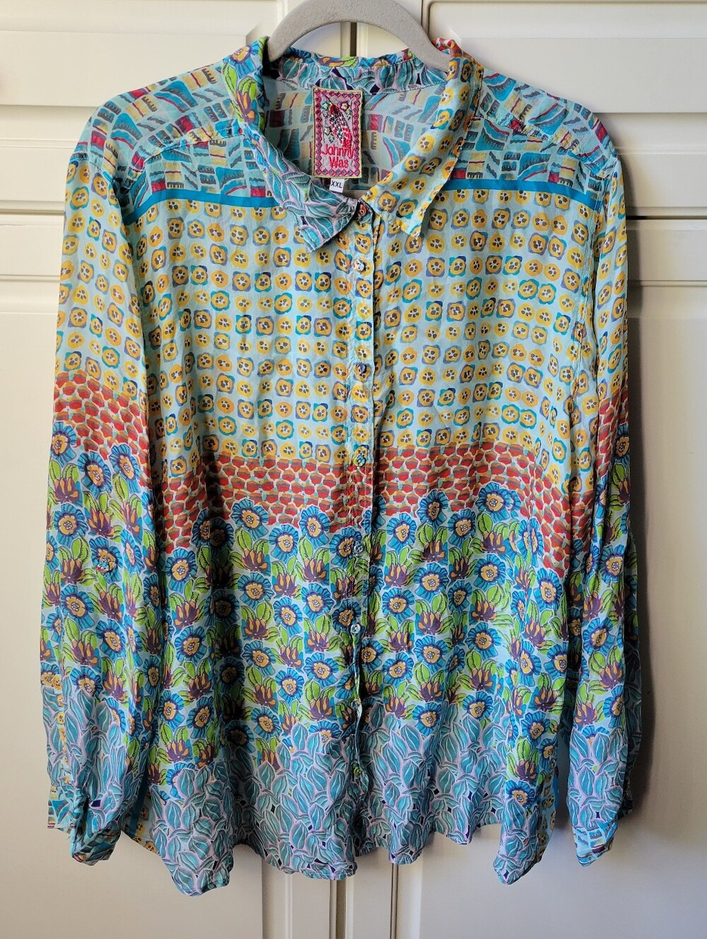 Johnny Was Mixed Print Patchwork-Style Blouse XXL Roll Tab Sleeve Button Down